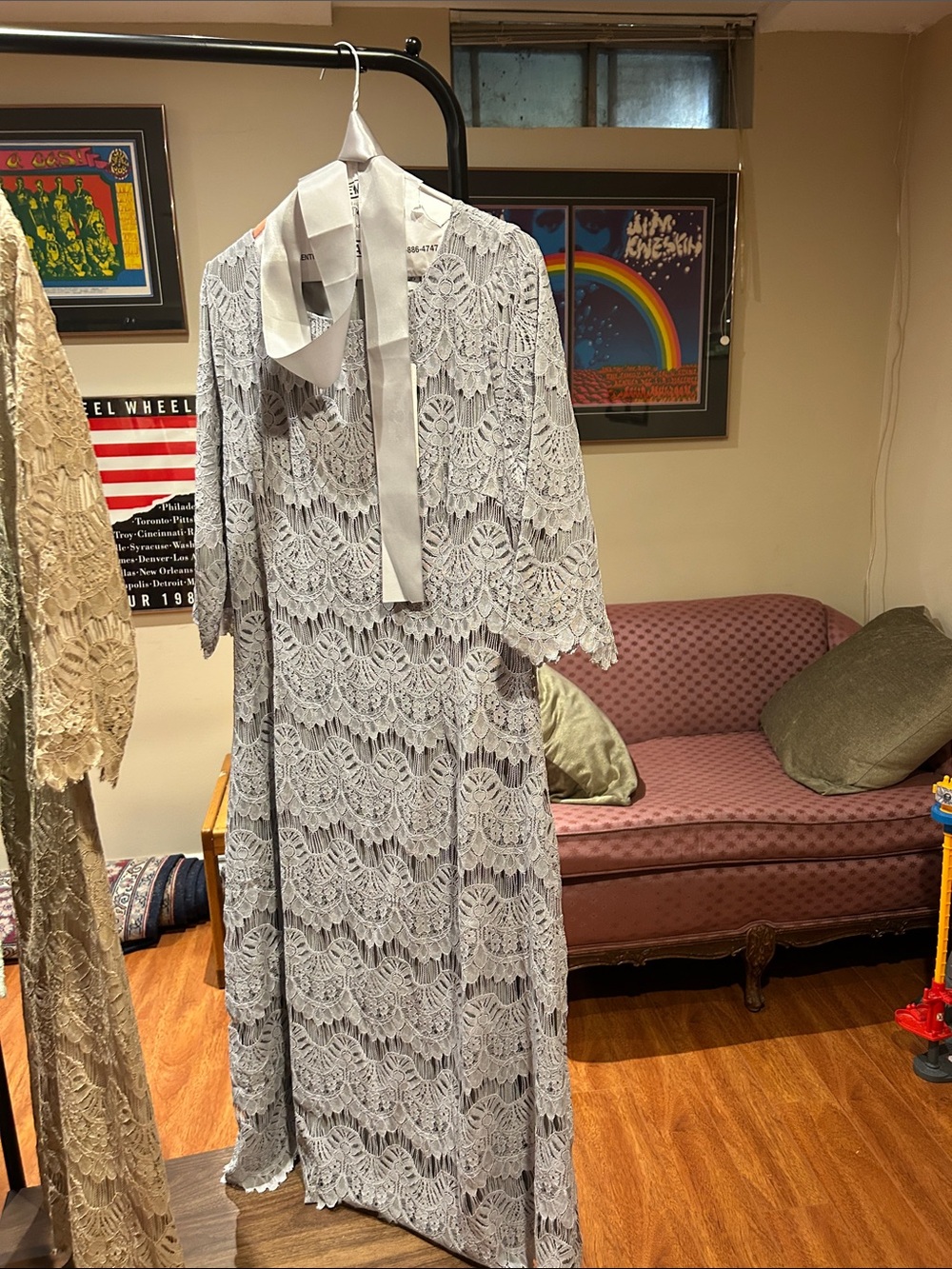 Dainty Jewells Light Gray Lace Midi Dress with Neck Tie